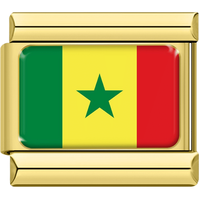 Gold Italian charm featuring the flag of Senegal with green, yellow, and red vertical stripes and a green star in the center.